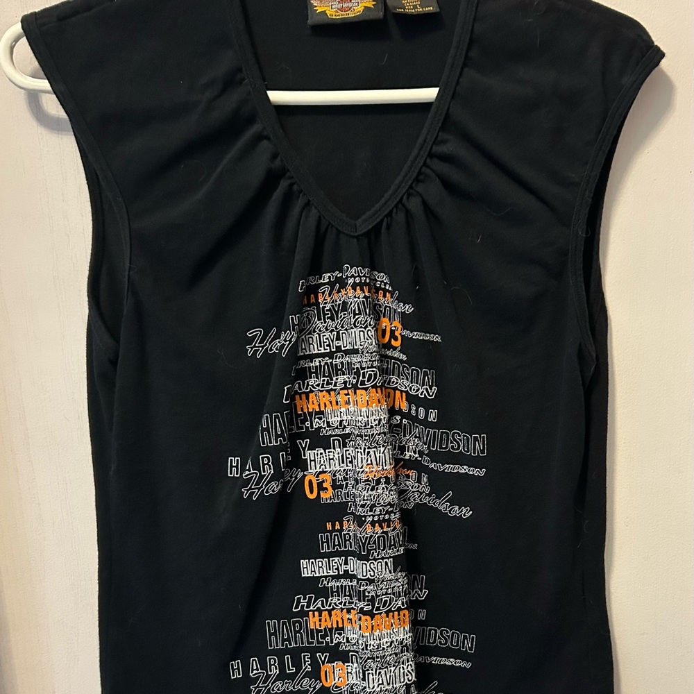 Ladies Harley-Davidson Black and Orange Women's Muscle Tshirt Size Large